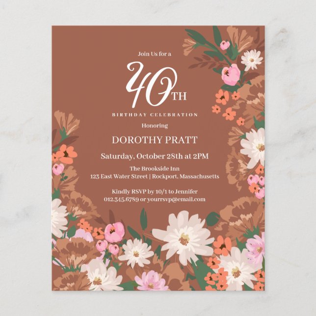 Budget Terracotta Floral 40th Birthday Invite (Front)