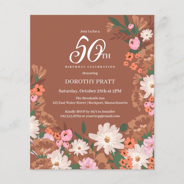 Budget Terracotta Floral 50th Birthday Invite (Front)