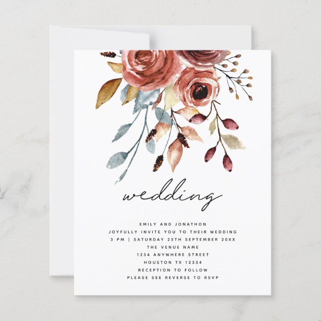 BUDGET Terracotta Florals QR Code Wedding Invite (Front)