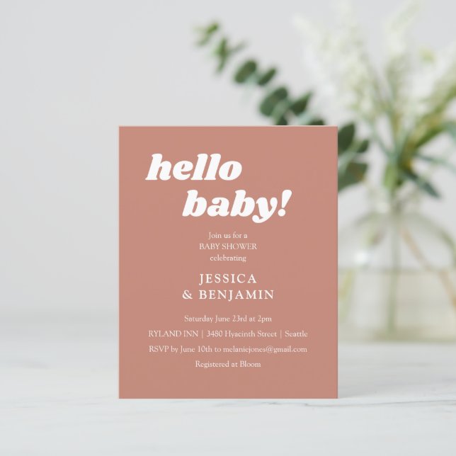 Budget Terracotta Hello Cute Baby Shower Invite (Standing Front)
