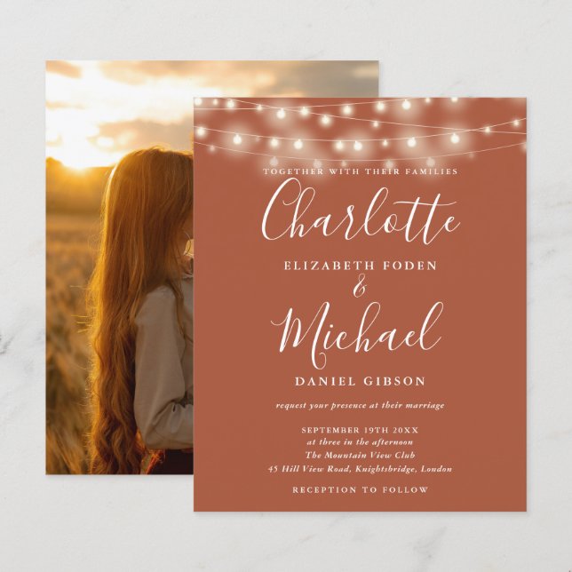 Budget Terracotta Lights Photo Wedding Invitation (Front/Back)
