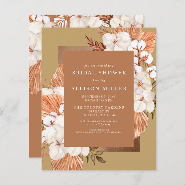 Budget Terracotta Pampas Bridal Shower Invitation (Front/Back)