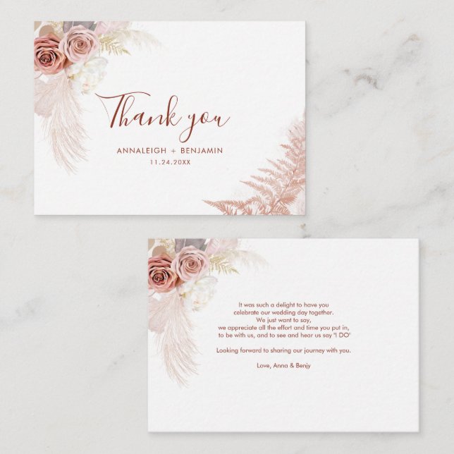 Budget Terracotta Pampas Grass Wedding Thank You Card (Front/Back)