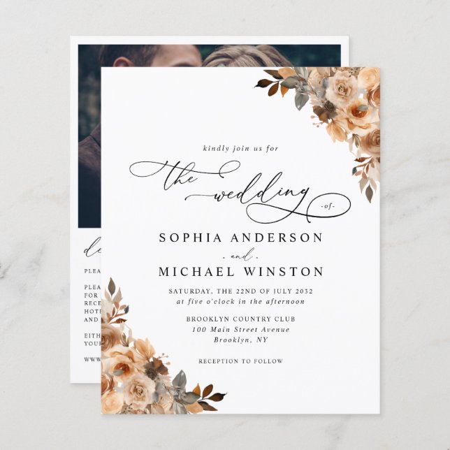 Budget Terracotta Rose Floral Photo Wedding Invite (Front/Back)