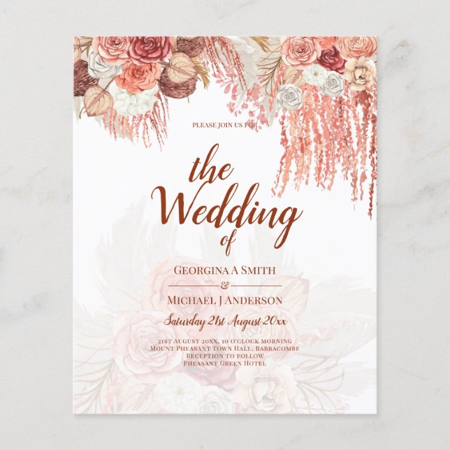 BUDGET Terracotta Rose Pampas Grass Floral Wedding Flyer (Front)