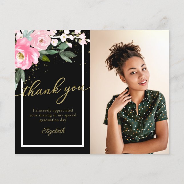 Budget Thank You Card Hot Pink Floral Photo Grad (Front)