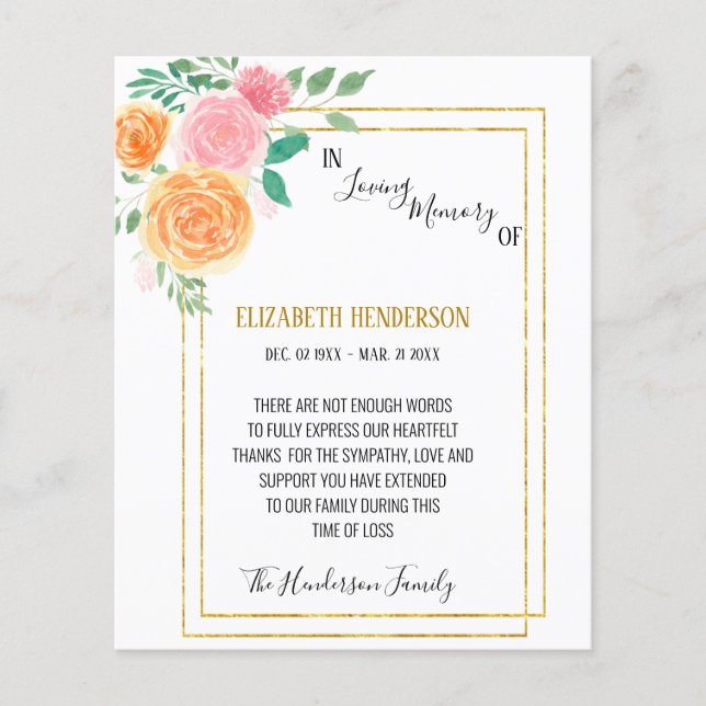 Budget/Thank you card in memory of sympathy. (Front)