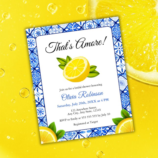 Budget That's Amore Lemon Bridal Shower Invitation (Budget That's Amore | Mediterranean Blue Tile Lemon Bridal Shower Invitation )
