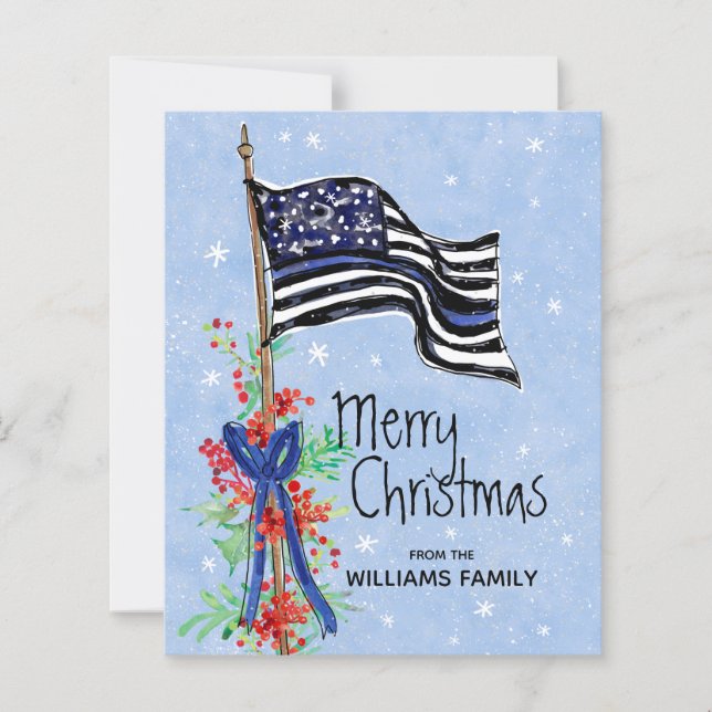 Budget Thin Blue Line Police Flag Christmas Card (Front)