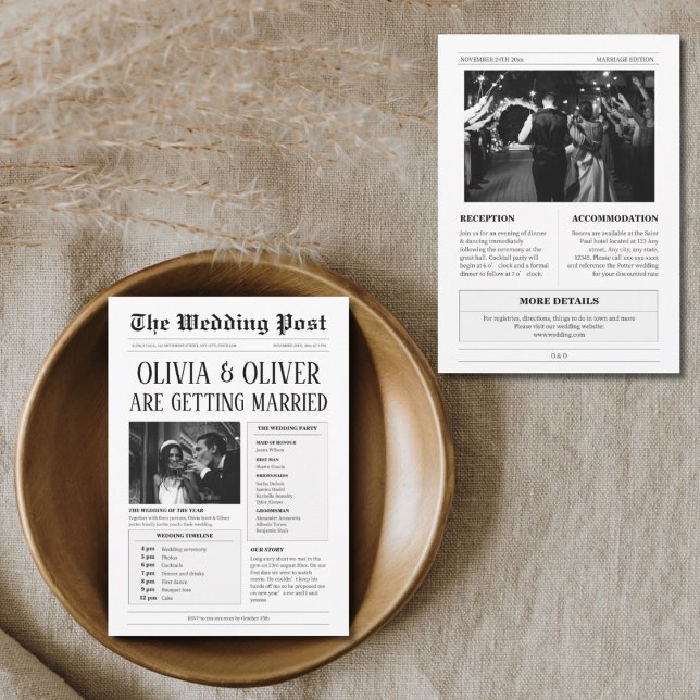 Budget, timeline, funny newspaper wedding invitation (Creator Uploaded)