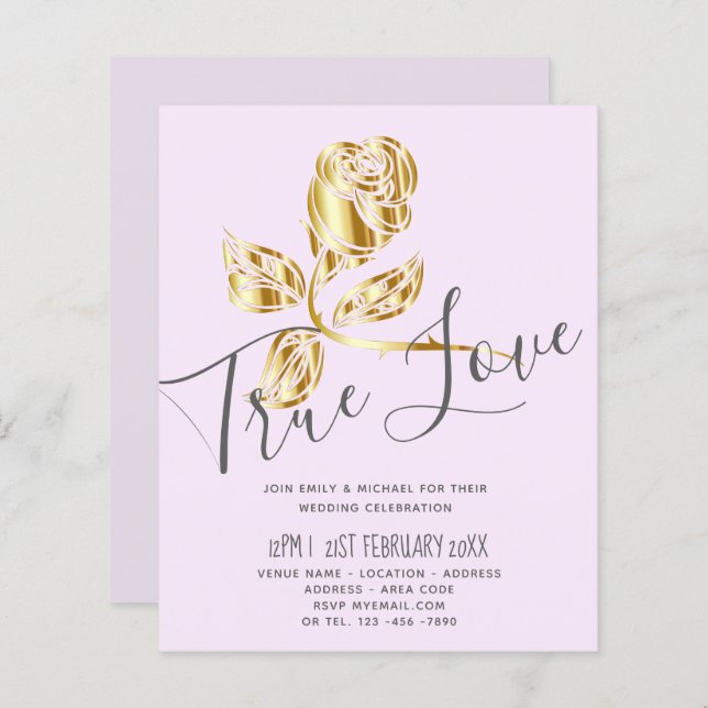 BUDGET Trending True Love Gold Rose Wedding Invite (Front/Back)