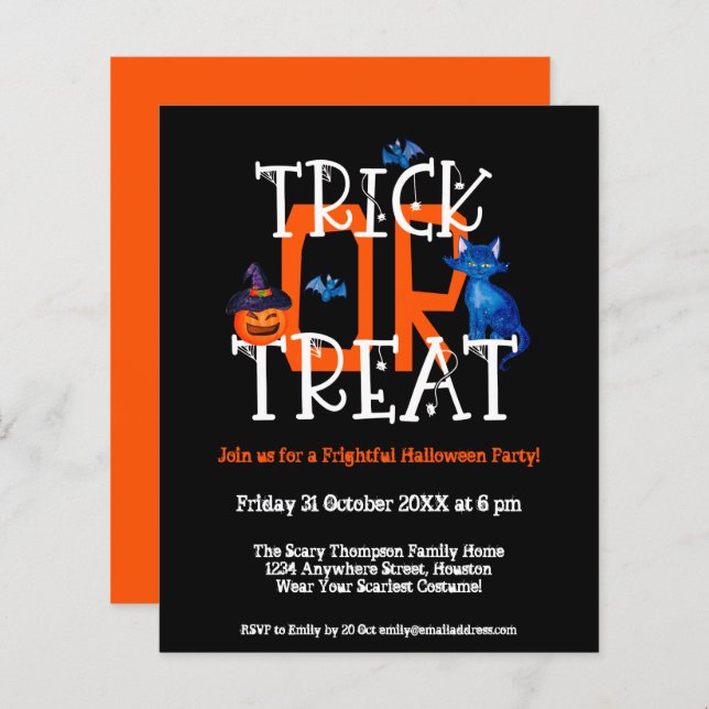 Budget Trick Or Treat Halloween Party Black Invite (Front/Back)