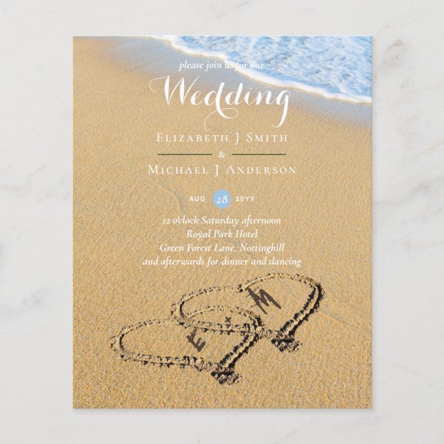 Budget Tropical Beach Hearts in Sand Wedding Invit (Front)