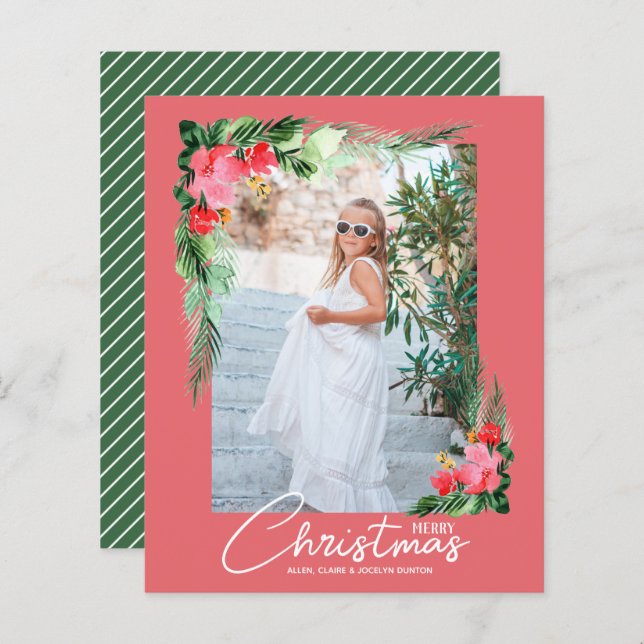 Budget Tropical Floral Christmas Photo Card (Front/Back)