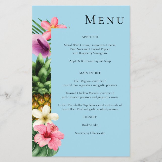 Budget Tropical Hawaiian Floral Menu- Blue MED Flyer (Front)