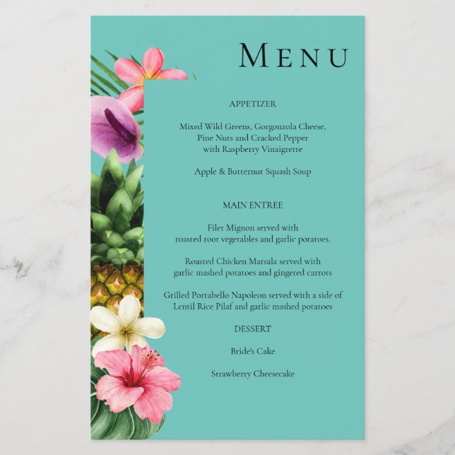 Budget Tropical Hawaiian Floral Menu- Teal MED Flyer (Front)