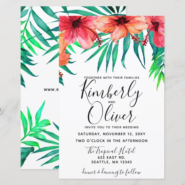 Budget Tropical Hibiscus Beach Wedding Invitation (Front/Back)