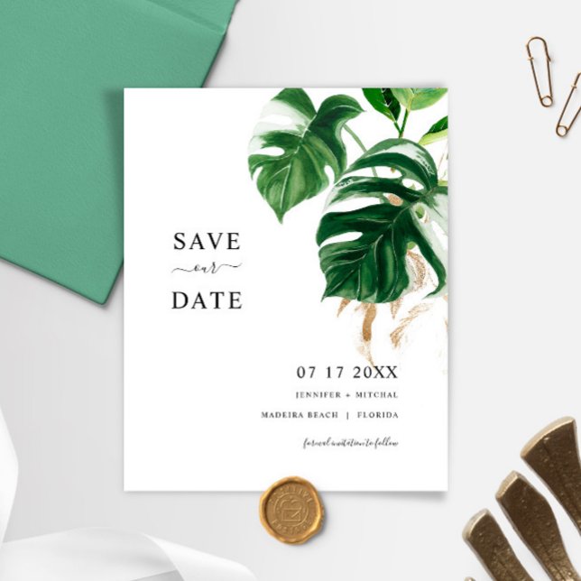 Budget Tropical Leaves Modern SAVE THE DATE Invite (Creator Uploaded)