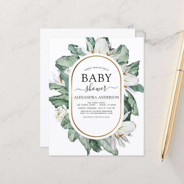 Budget Tropical Magnolia Baby Shower Invitation (Front/Back In Situ)