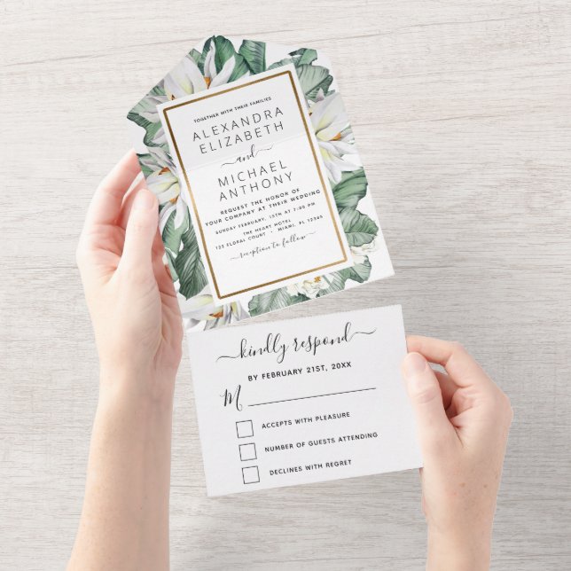Budget Tropical Magnolia Floral Wedding All In One Invitation (Tearaway)