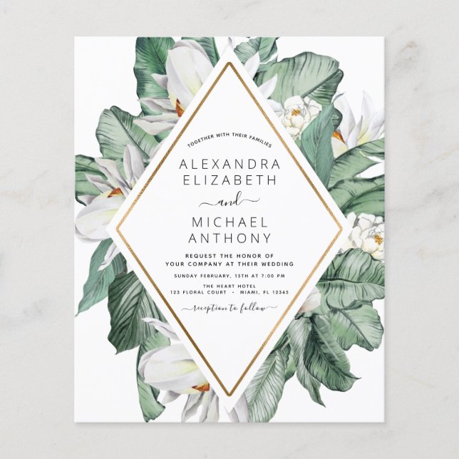 Budget Tropical Magnolia Floral Wedding Invitation (Front)