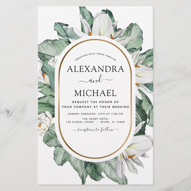 Budget Tropical Magnolia Floral Wedding Invitation (Front)