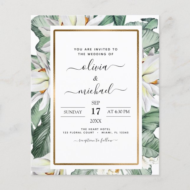 Budget Tropical Magnolia Floral Wedding Invitation Flyer (Front)