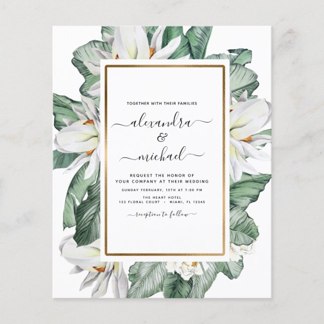 Budget Tropical Magnolia Palm Wedding Invitation Flyer (Front)