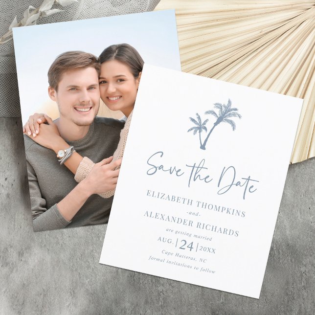 Budget Tropical Palm Dusty Blue Save the Date (Creator Uploaded)