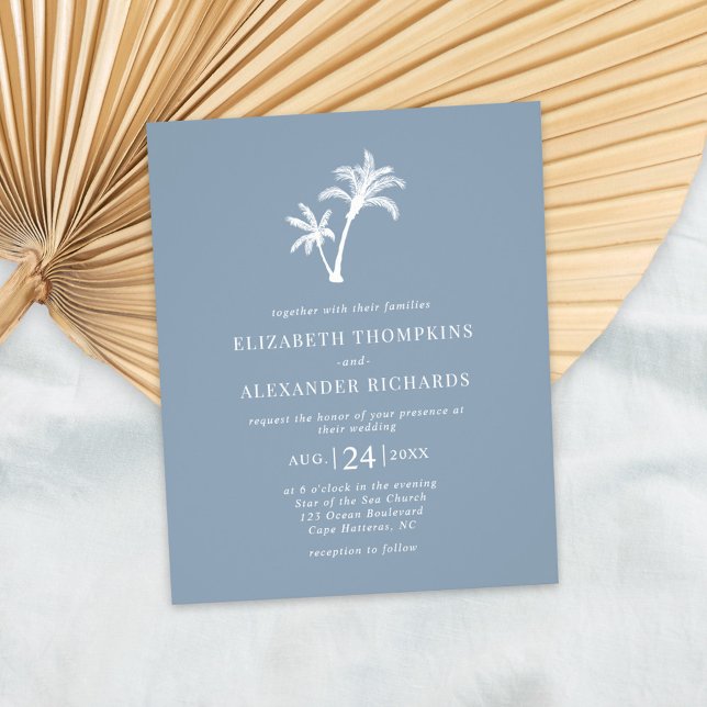 Budget Tropical Palm Dusty Blue Wedding Invitation Flyer (Creator Uploaded)