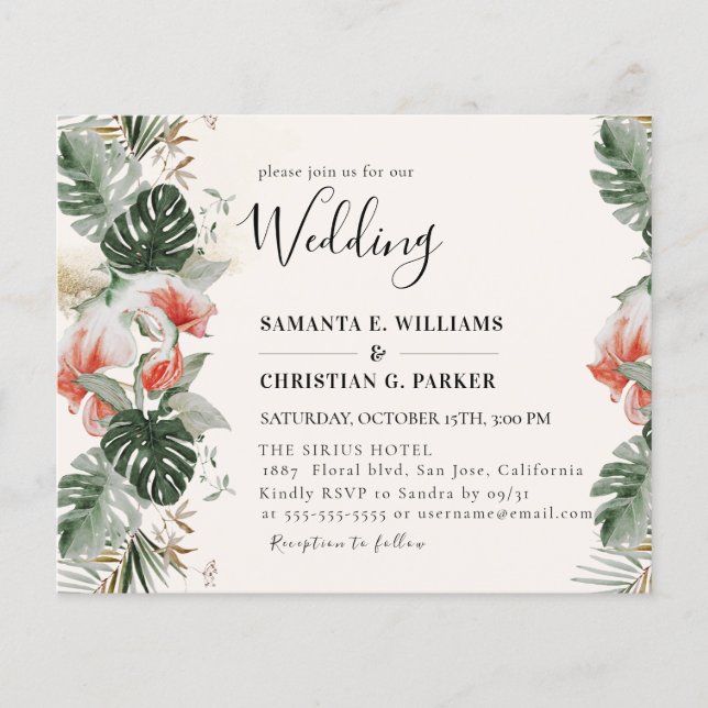 Budget Tropical Palm Greenery Wedding Flyer  (Front)