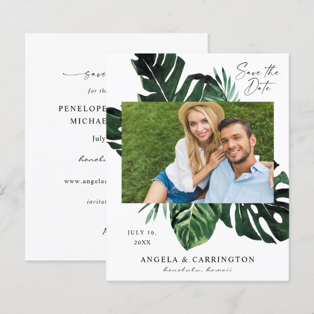 Budget Tropical Palm Leaf Photo Save the Date (Front/Back)
