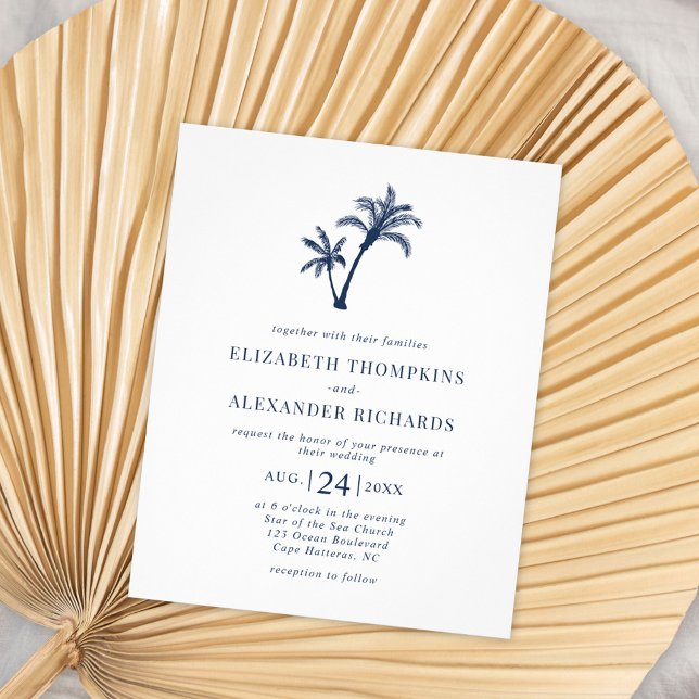 Budget Tropical Palm Navy Blue Wedding Invitation Flyer (Creator Uploaded)