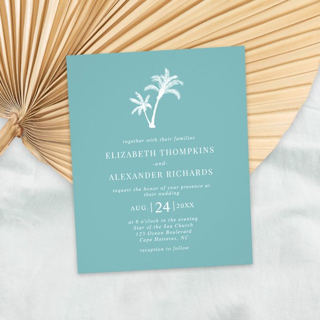 Budget Tropical Palm Sea Glass Blue Wedding Invite Flyer (Creator Uploaded)