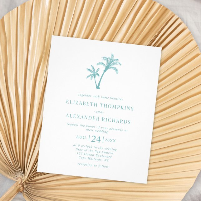 Budget Tropical Palm Tree Sea Glass Blue Wedding Flyer (Creator Uploaded)