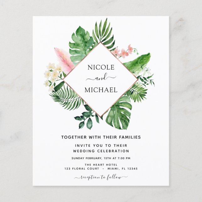 Budget Tropical Palm Watercolor Geometric Wedding Flyer (Front)