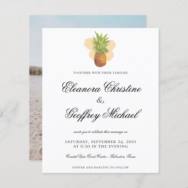 Budget Tropical Pineapple Watercolor Photo Weddin (Front/Back)