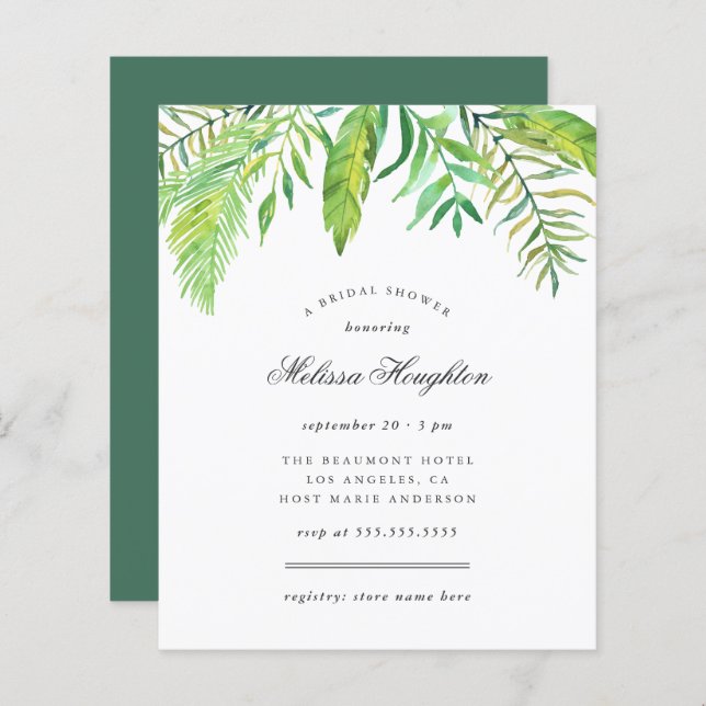 Budget Tropical Watercolor Leaves Bridal Shower (Front/Back)