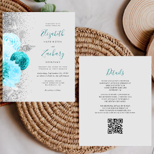 Budget Turquoise Floral  Silver QR Code Wedding