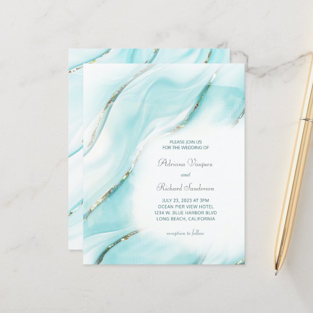 Budget Turquoise Gold Agate Wedding Invitation (Front/Back In Situ)