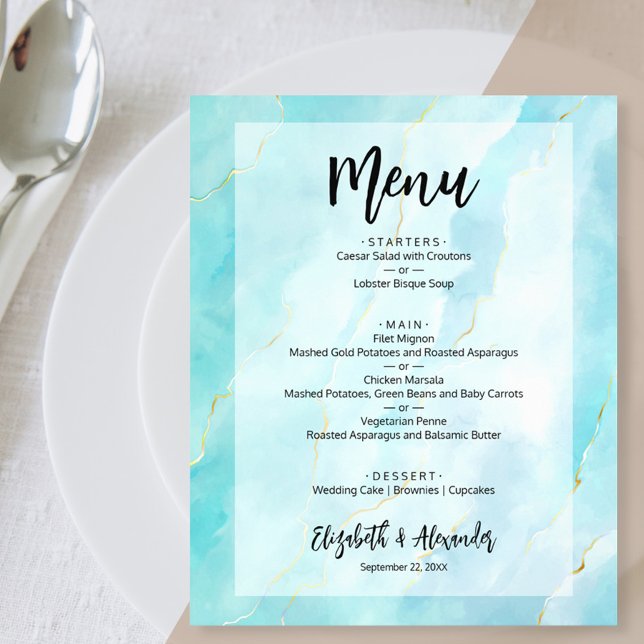 Budget Turquoise Gold Marble Wedding Menu (Creator Uploaded)