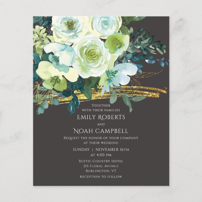Budget Turquoise Green Floral Gold Photo Wedding  Flyer (Front)