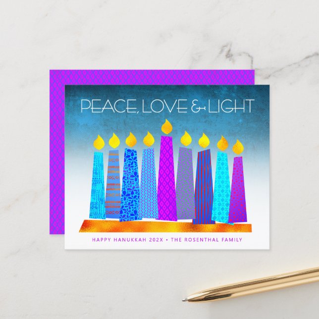 Budget Turquoise Hanukkah Candles Peace Love Card (Front/Back In Situ)