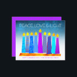 Budget Turquoise Hanukkah Candles Peace Love Card<br><div class="desc">“Peace, love & light.” A playful, modern, artsy illustration of boho pattern candles in a menorah helps you usher in the holiday of Hanukkah. Assorted blue candles with colourful faux foil patterns overlay a turquoise gradient to white textured background. Faux hot pink purple diamond pattern foil on a cornflower blue...</div>