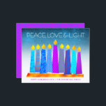 Budget Turquoise Hanukkah Candles Peace Love Card<br><div class="desc">“Peace, love & light.” A playful, modern, artsy illustration of boho pattern candles in a menorah helps you usher in the holiday of Hanukkah. Assorted blue candles with colourful faux foil patterns overlay a turquoise gradient to white textured background. Faux hot pink purple diamond pattern foil on a cornflower blue...</div>