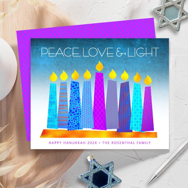 Budget Turquoise Hanukkah Candles Peace Love Card (Creator Uploaded)
