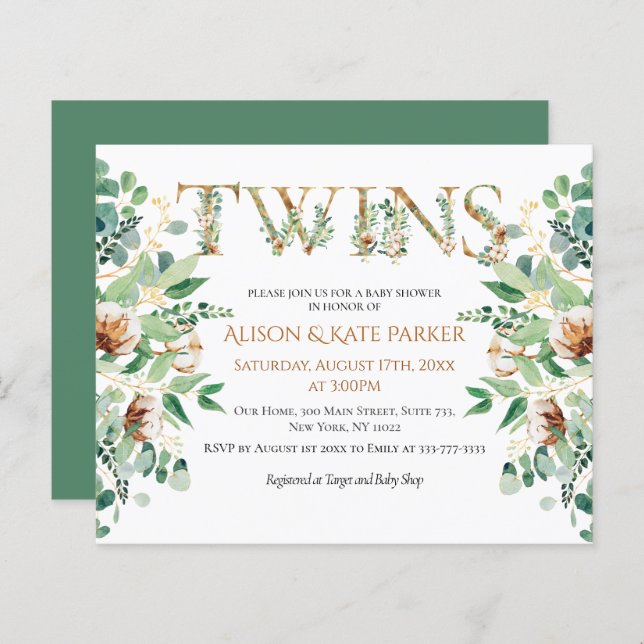 Budget Twin Baby Shower Eucalyptus Gold Invitation (Front/Back)