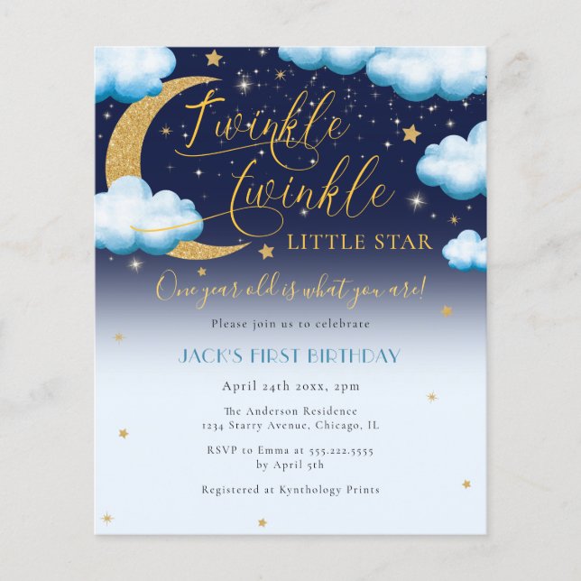Budget Twinkle Little Star Blue Boy 1st Birthday Flyer (Front)