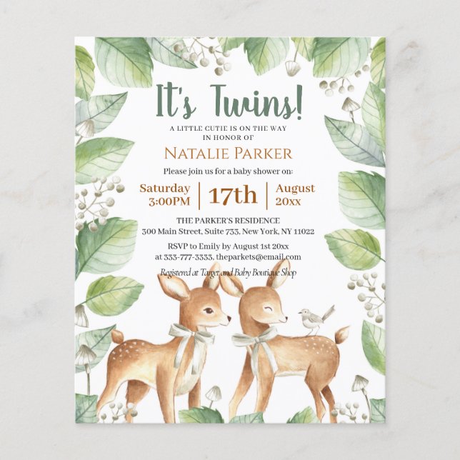 Budget Twins Forest Woodland Floral Baby Shower Flyer (Front)