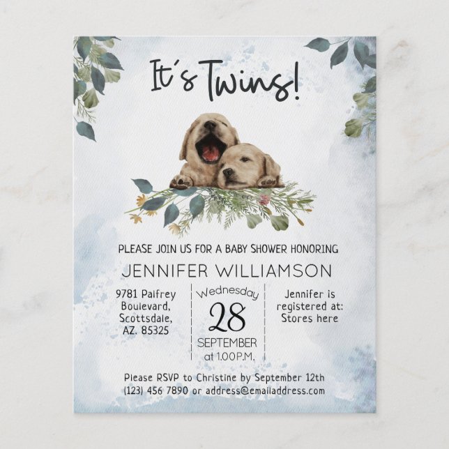 Budget Twins Puppy Baby Shower Invitation (Front)